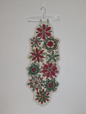 Beaded Christmas Table Runner 35" Holiday Poinsettia Snowflake Red Green White